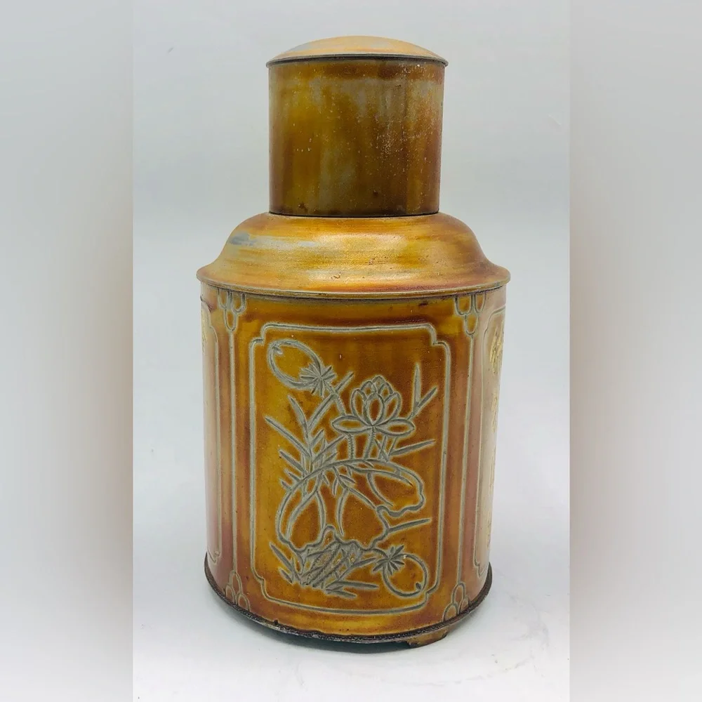 Antique Chinese Tea Caddy Canister Jar Etched Engraved Bronze Copper Hong Kong
